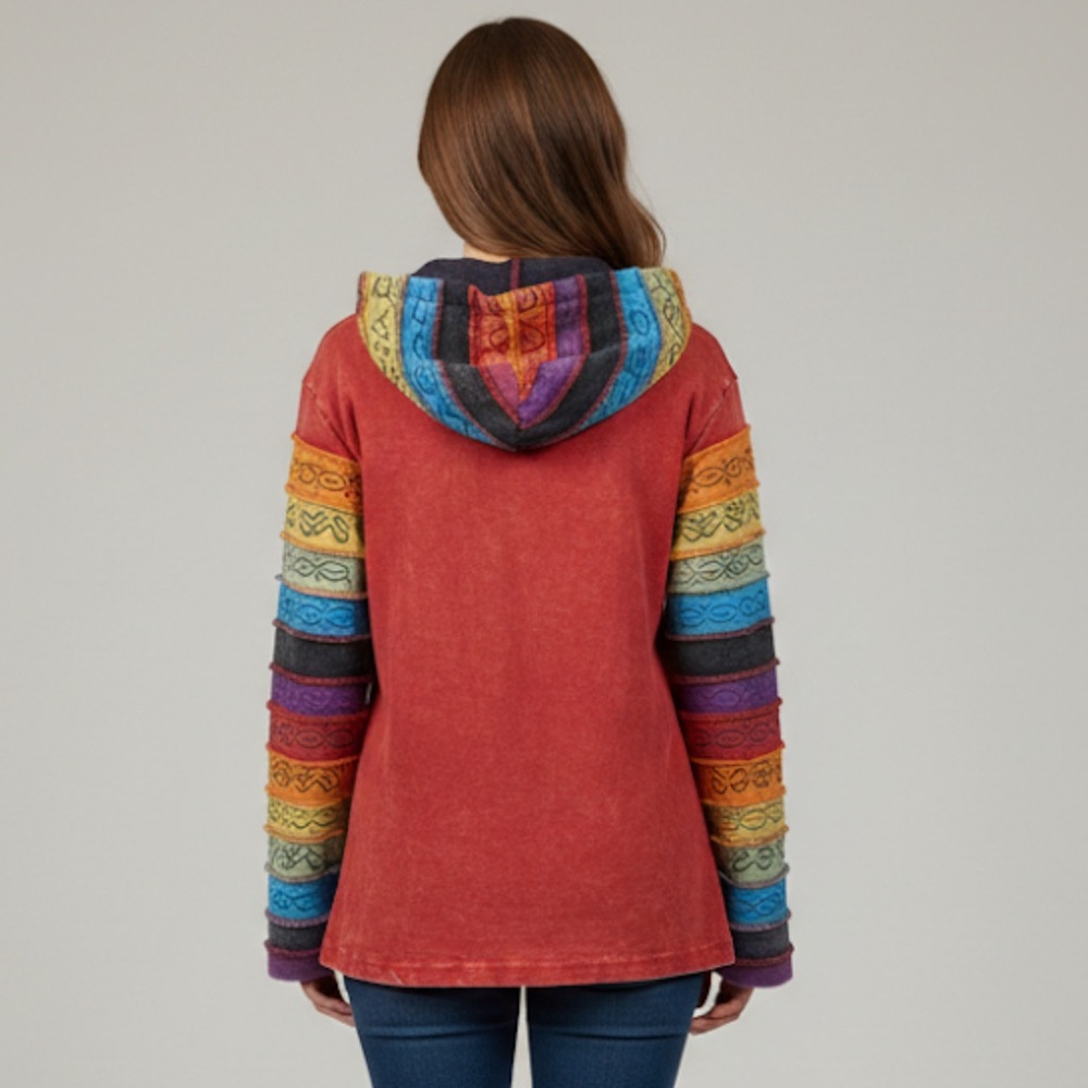 Women’s Red Hooded Zip Jacket with Rainbow Trim - Picture 2 of 7